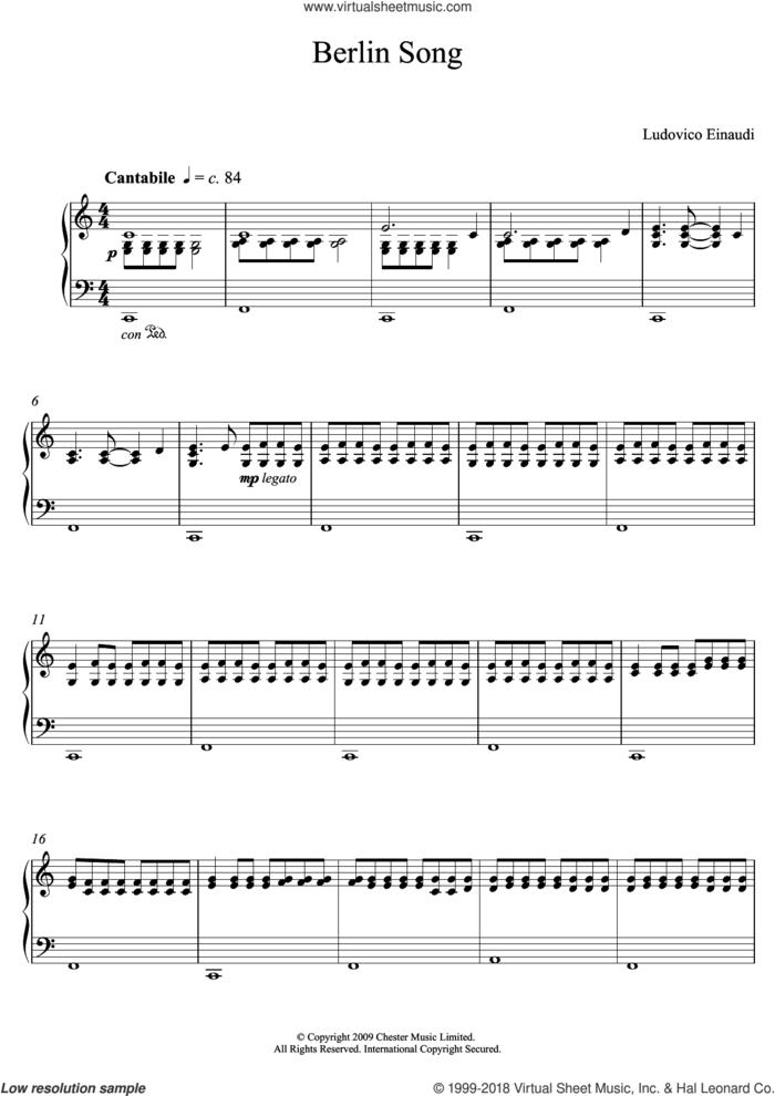 Berlin Song sheet music for piano solo (elementary) by Ludovico Einaudi, classical score, beginner piano (elementary)