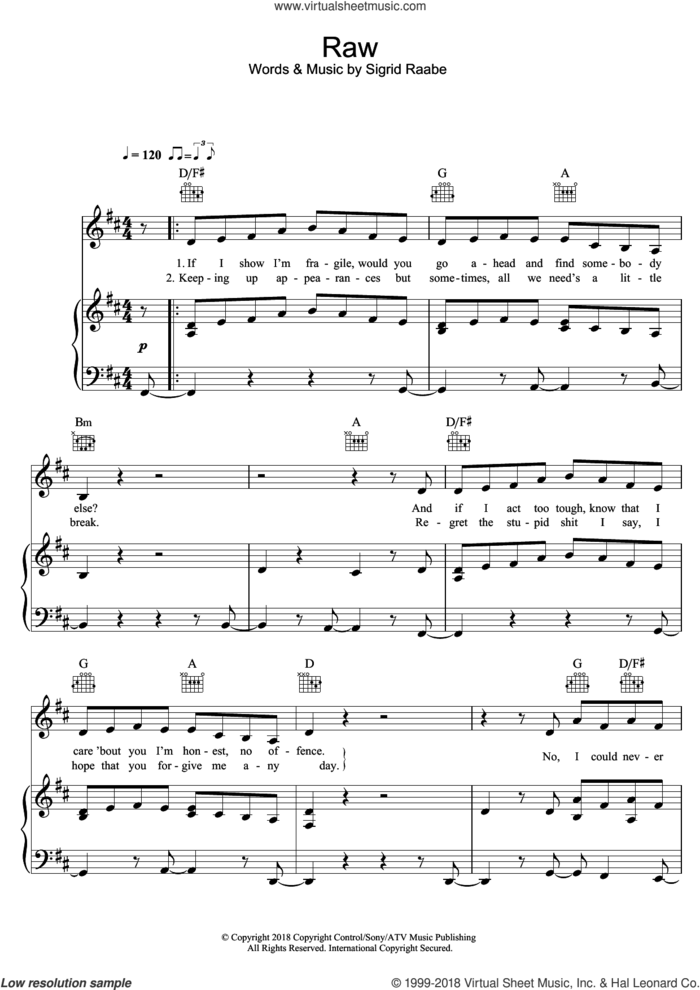 Raw sheet music for voice, piano or guitar by Sigrid and Sigrid Raabe, intermediate skill level