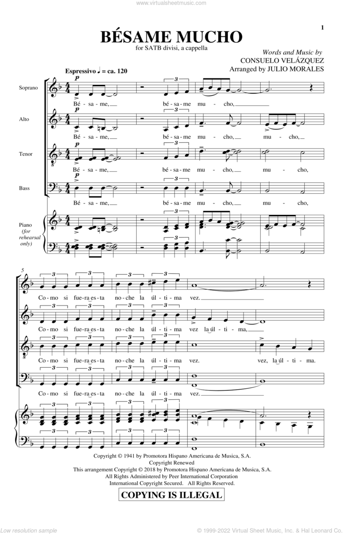 Besame Mucho sheet music for choir (SATB: soprano, alto, tenor, bass) by Consuelo Velazquez and Julio Morales, intermediate skill level