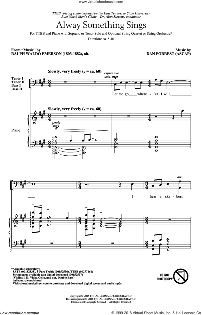 Alway Something Sings sheet music for choir (TTBB: tenor, bass) by Dan Forrest and Ralph Waldo Emerson, intermediate skill level