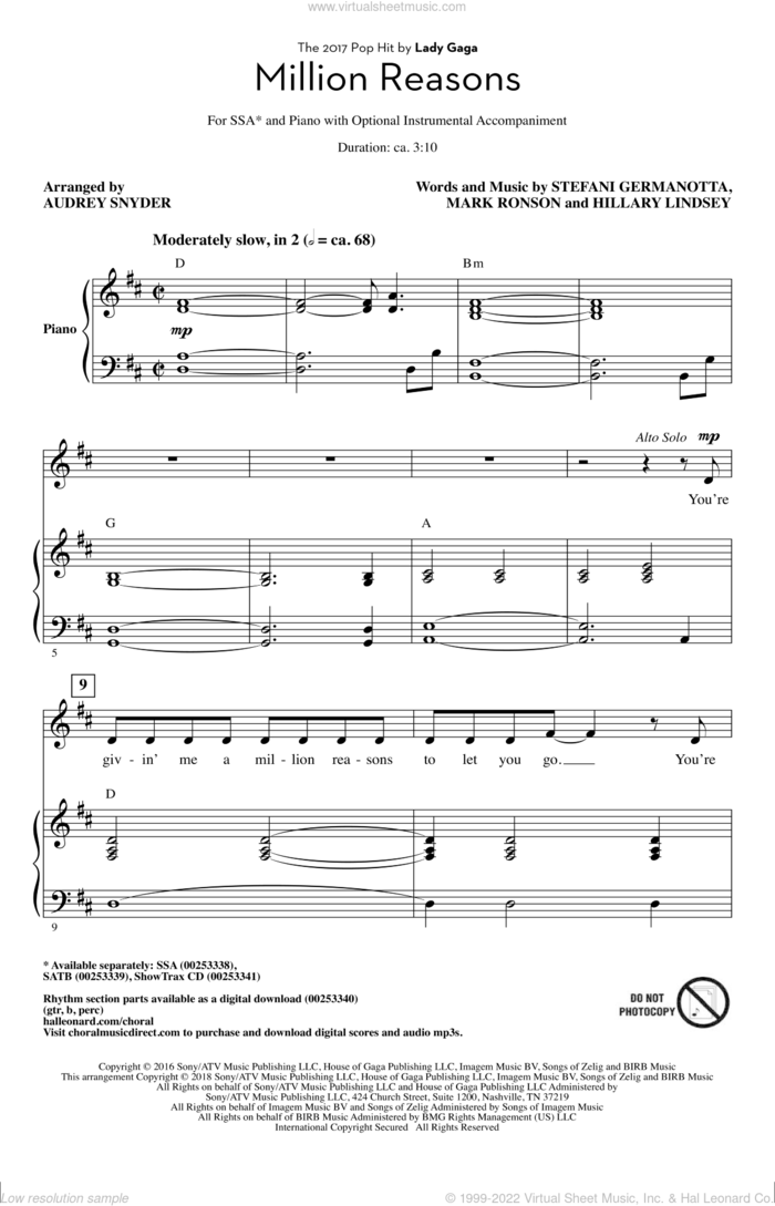 Million Reasons (arr. Audrey Snyder) sheet music for choir (SSA: soprano, alto) by Lady Gaga, Audrey Snyder, Hillary Lindsey and Mark Ronson, intermediate skill level