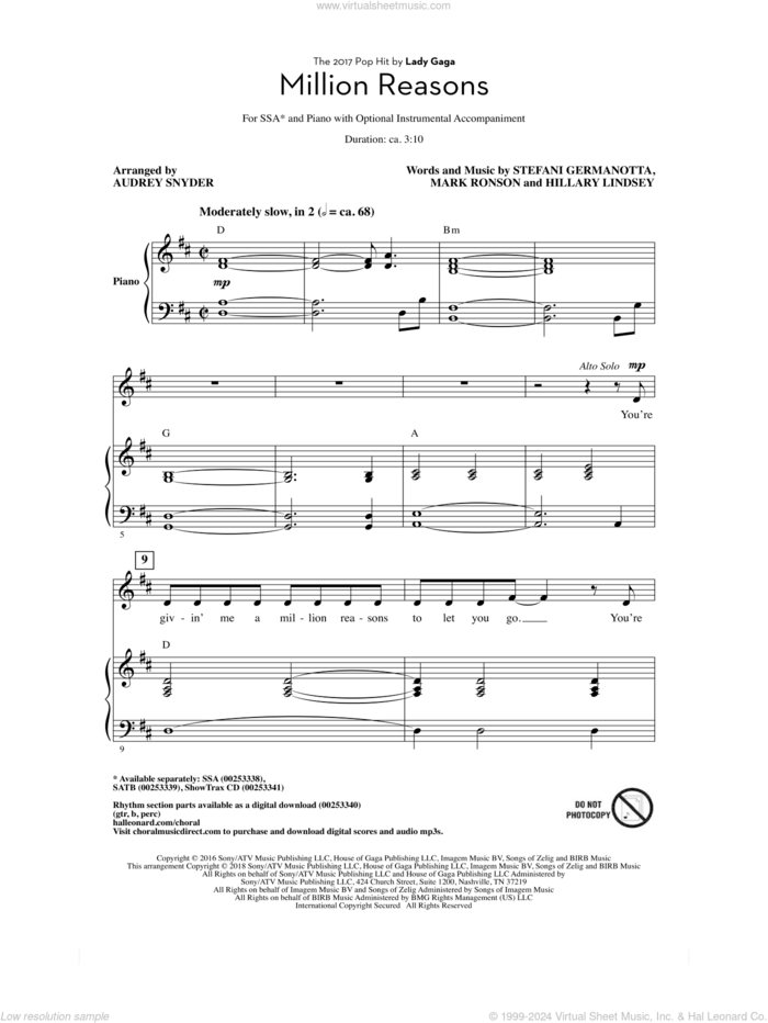 Million Reasons (arr. Audrey Snyder) sheet music for choir (SSA: soprano, alto) by Lady Gaga, Audrey Snyder, Hillary Lindsey and Mark Ronson, intermediate skill level