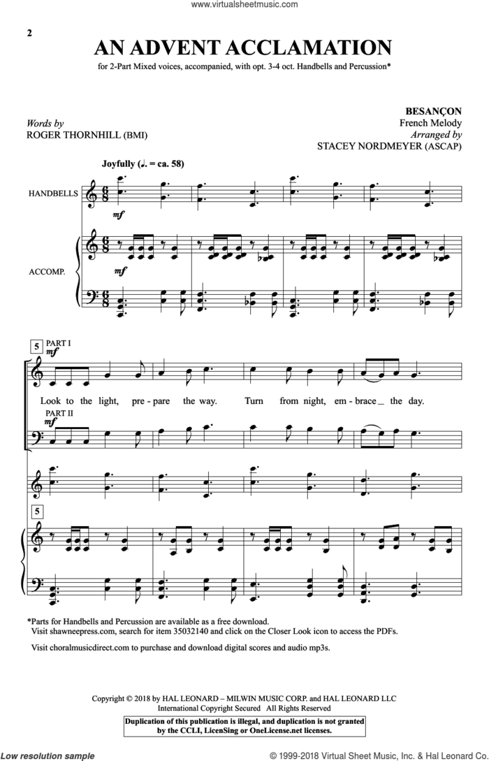 An Advent Acclamation sheet music for choir (2-Part Mixed) by Roger Thornhill and Stacey Nordmeyer, intermediate skill level