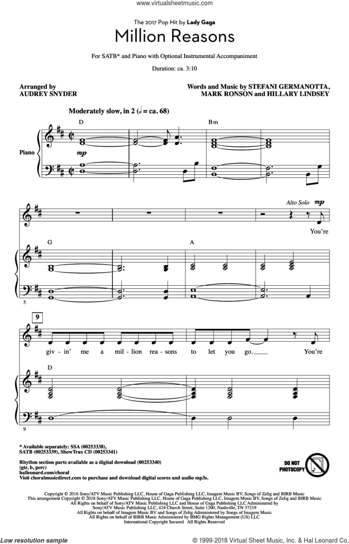 Million Reasons (arr. Audrey Snyder) sheet music for choir (SATB: soprano, alto, tenor, bass) by Lady Gaga, Audrey Snyder, Hillary Lindsey and Mark Ronson, intermediate skill level