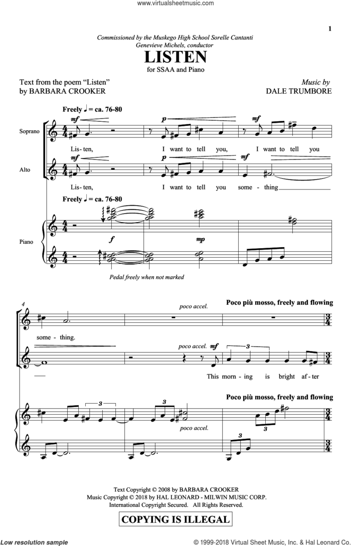 Listen sheet music for choir (SSA: soprano, alto) by Dale Trumbore and Barbara Crooker, intermediate skill level
