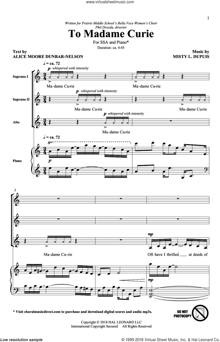 To Madame Curie sheet music for choir (SSA: soprano, alto) by Misty L. Dupuis and Alice Moore Dunbar-Nelson, intermediate skill level