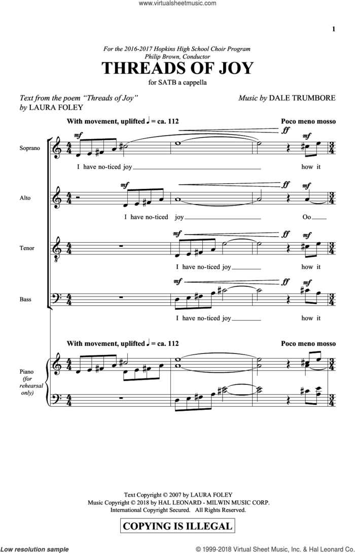 Threads Of Joy sheet music for choir (SATB: soprano, alto, tenor, bass) by Dale Trumbore and Laura Foley, intermediate skill level