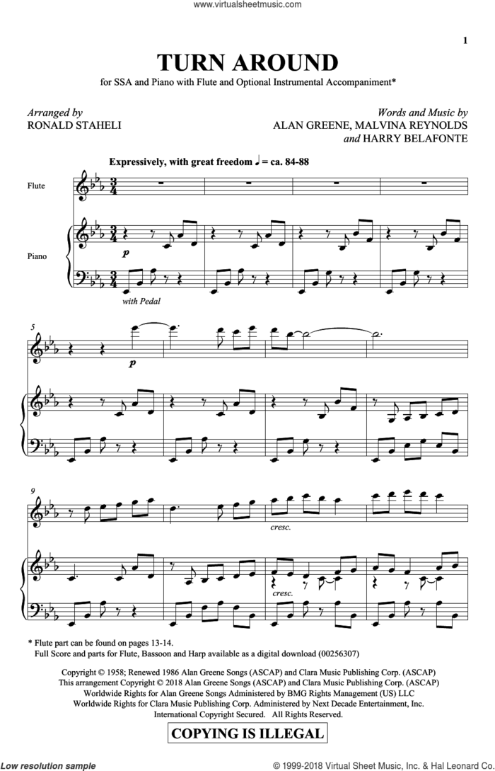 Turn Around sheet music for choir (SSA: soprano, alto) by Harry Belafonte, Ronald Staheli, Sonny & Cher, Alan Greene and Malvina Reynolds, intermediate skill level