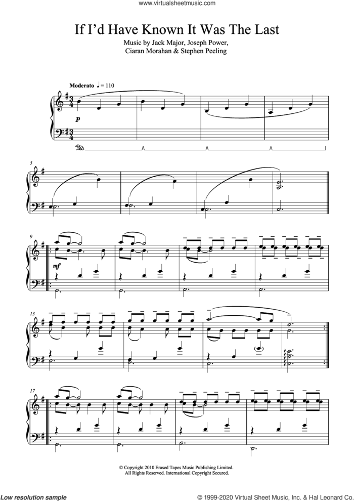 If I'd Have Known It Was The Last (Second Position) sheet music for piano solo by Codes In The Clouds, Ciaran Morahan, Jack Major, Joseph Power and Stephen Peeling, classical score, intermediate skill level