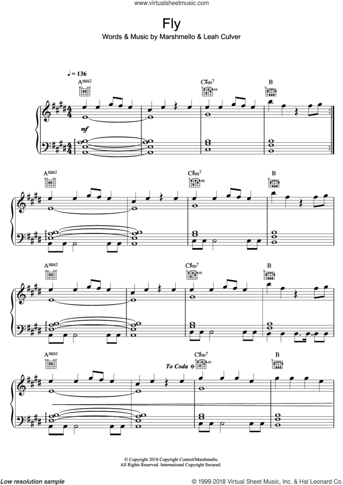 Fly (featuring Leah Culver) sheet music for voice, piano or guitar by Marshmello and Leah Culver, intermediate skill level