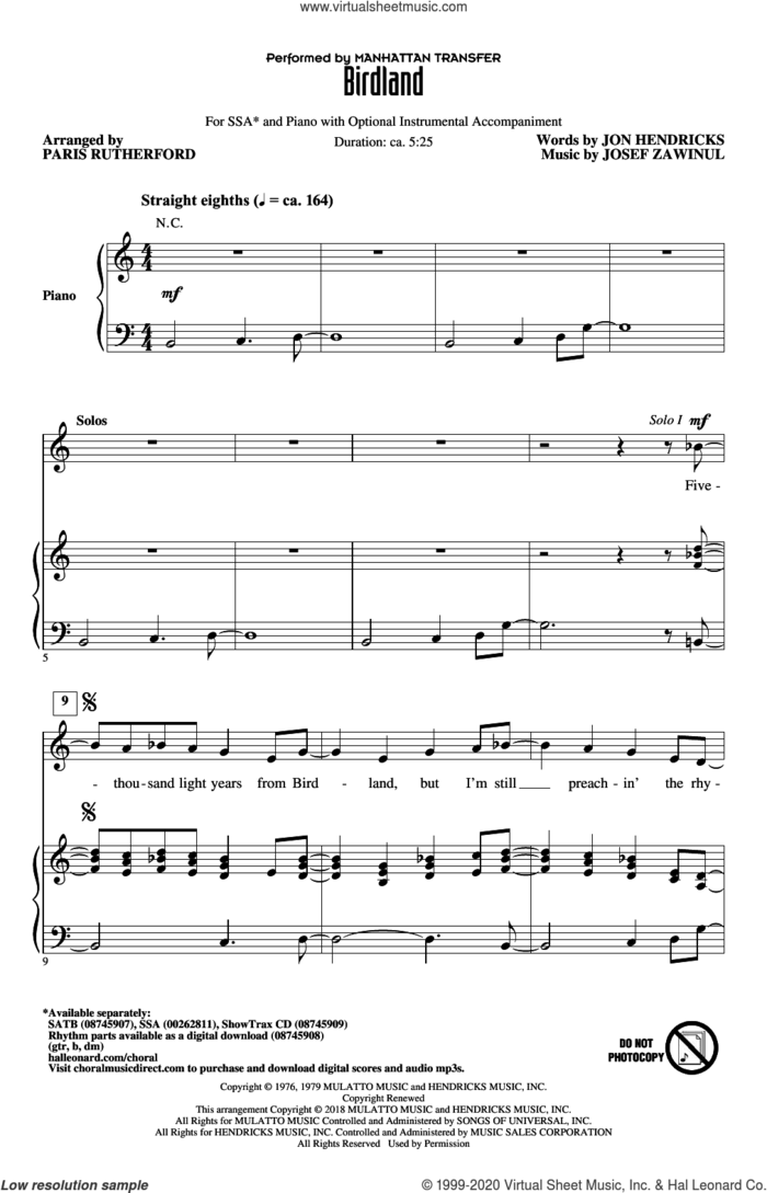 Birdland (arr. Paris Rutherford) sheet music for choir (SSA: soprano, alto) by The Manhattan Transfer, Paris Rutherford, Jon Hendricks and Josef Zawinul, intermediate skill level