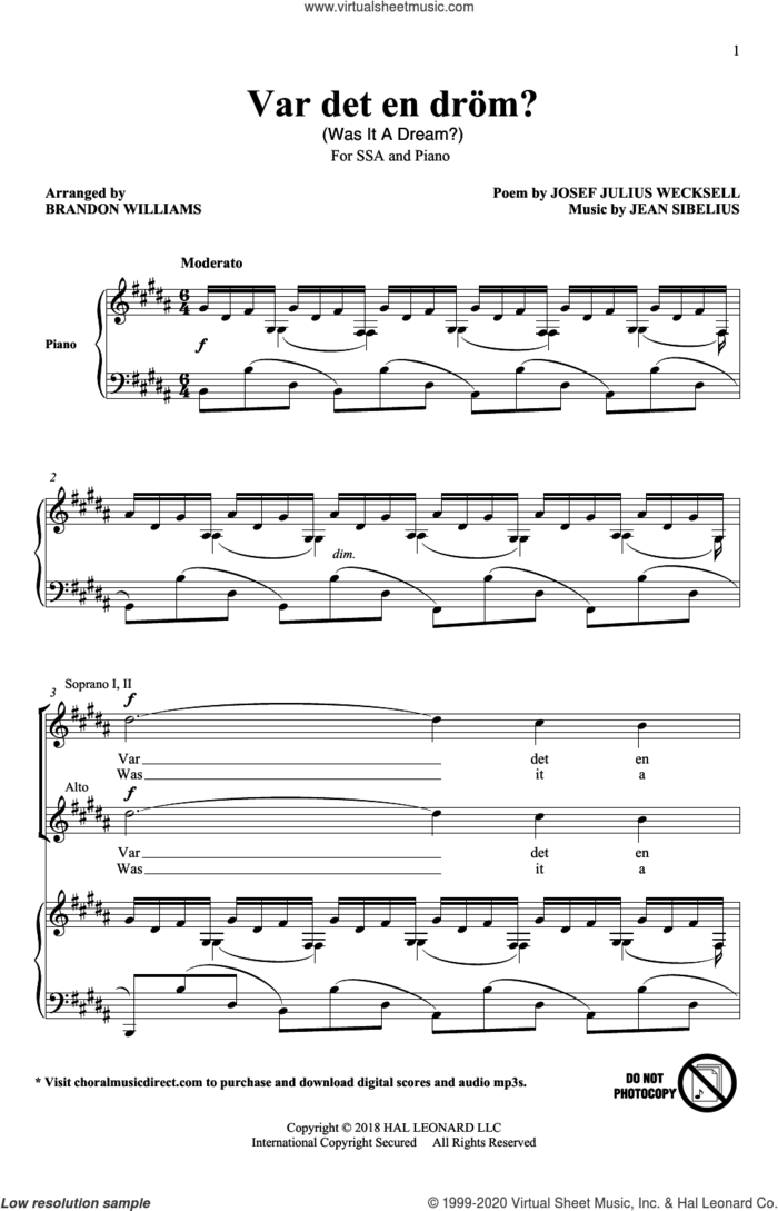 Var Det En Drom? sheet music for choir (SSA: soprano, alto) by Jean Sibelius, Brandon Williams and Josef Julius Wecksell, intermediate skill level