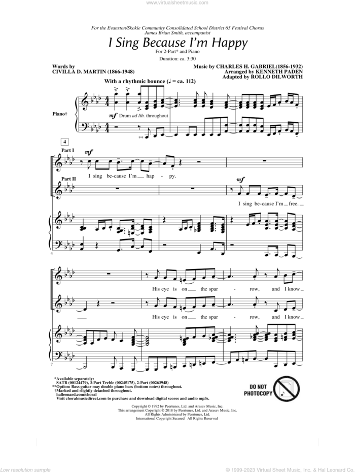 I Sing Because I'm Happy sheet music for choir (2-Part) by Charles H. Gabriel, Rollo Dilworth, Georgia Mass Choir, Civilla D. Martin and Kenneth Paden (arr.), intermediate duet