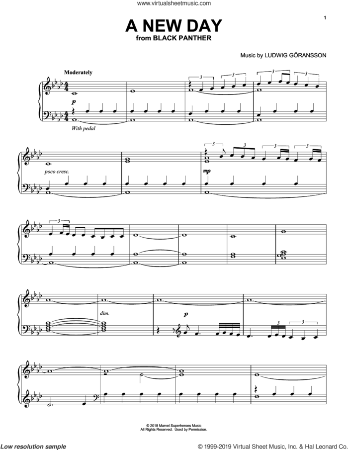 A New Day (from Black Panther) sheet music for piano solo by Ludwig Göransson and Ludwig Goransson, intermediate skill level