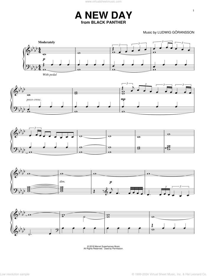 A New Day (from Black Panther) sheet music for piano solo by Ludwig Göransson and Ludwig Goransson, intermediate skill level