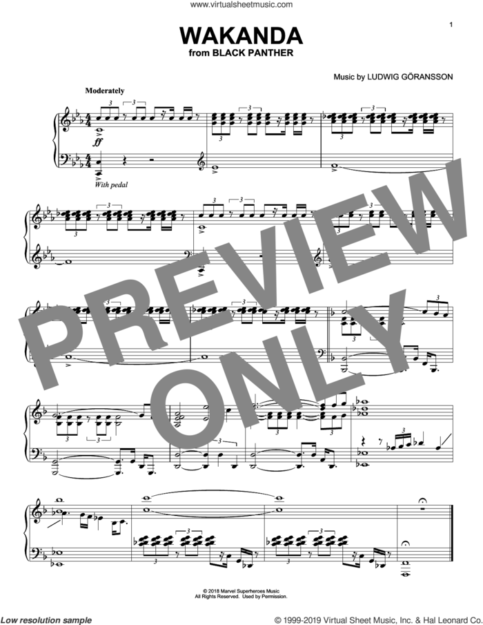 Wakanda (from Black Panther), (intermediate) sheet music for piano solo by Ludwig Göransson and Ludwig Goransson, intermediate skill level