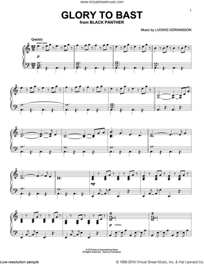 Glory To Bast (from Black Panther) sheet music for piano solo by Ludwig Göransson and Ludwig Goransson, intermediate skill level