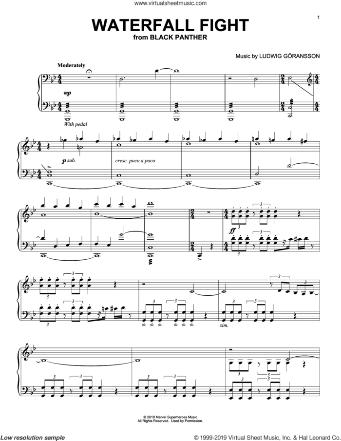 Waterfall Fight (from Black Panther) sheet music for piano solo by Ludwig Göransson and Ludwig Goransson, intermediate skill level