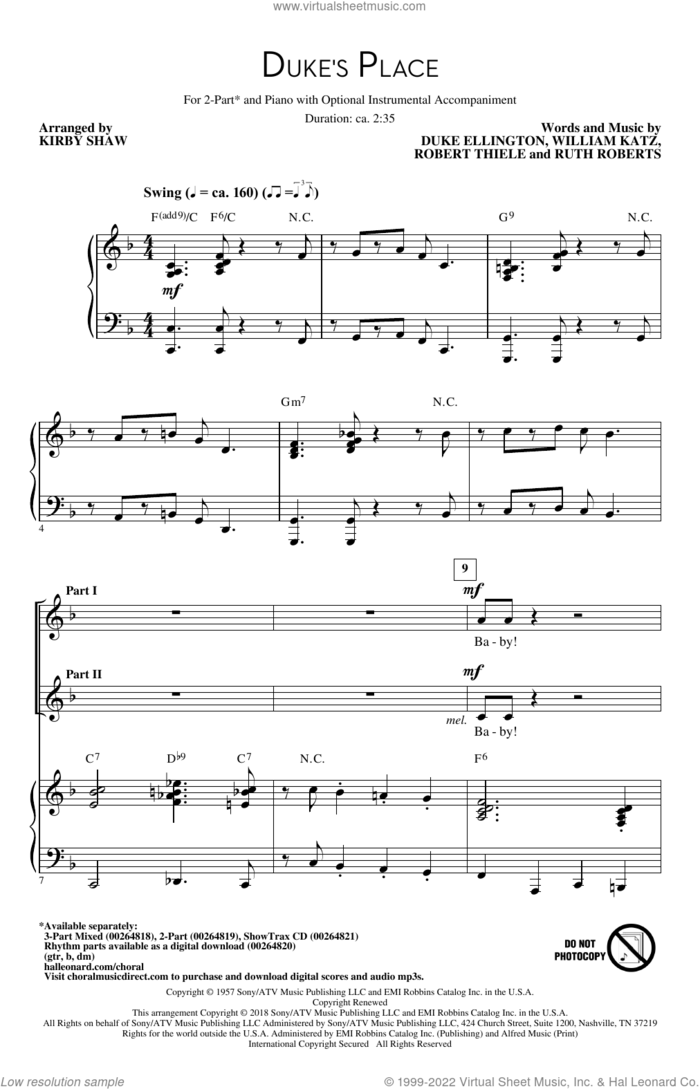 Duke's Place sheet music for choir (2-Part) by Duke Ellington, Kirby Shaw, Bob Thiele, Ruth Roberts and William Katz, intermediate duet