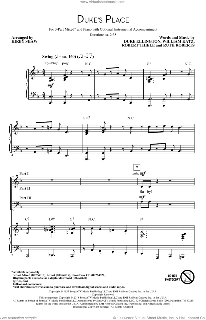 Duke's Place sheet music for choir (3-Part Mixed) by Duke Ellington, Kirby Shaw, Bob Thiele, Ruth Roberts and William Katz, intermediate skill level