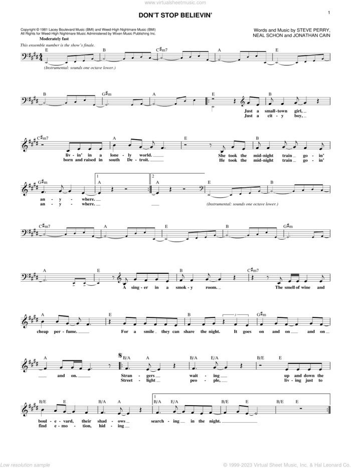 Don't Stop Believin' sheet music for voice and other instruments (fake book) by Journey, Jonathan Cain, Neal Schon and Steve Perry, intermediate skill level