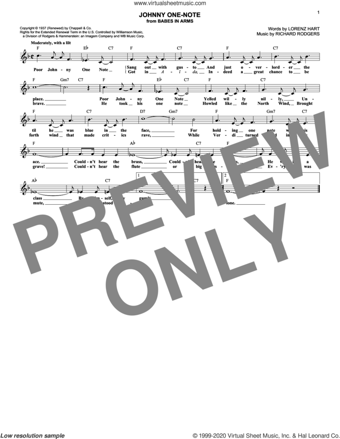 Johnny One-Note sheet music for voice and other instruments (fake book) by Rodgers & Hart, Lorenz Hart and Richard Rodgers, intermediate skill level