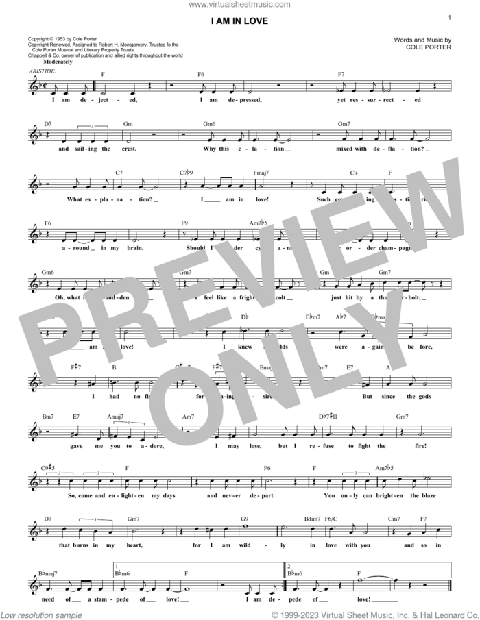 I Am In Love sheet music for voice and other instruments (fake book) by Cole Porter and Nat King Cole, intermediate skill level