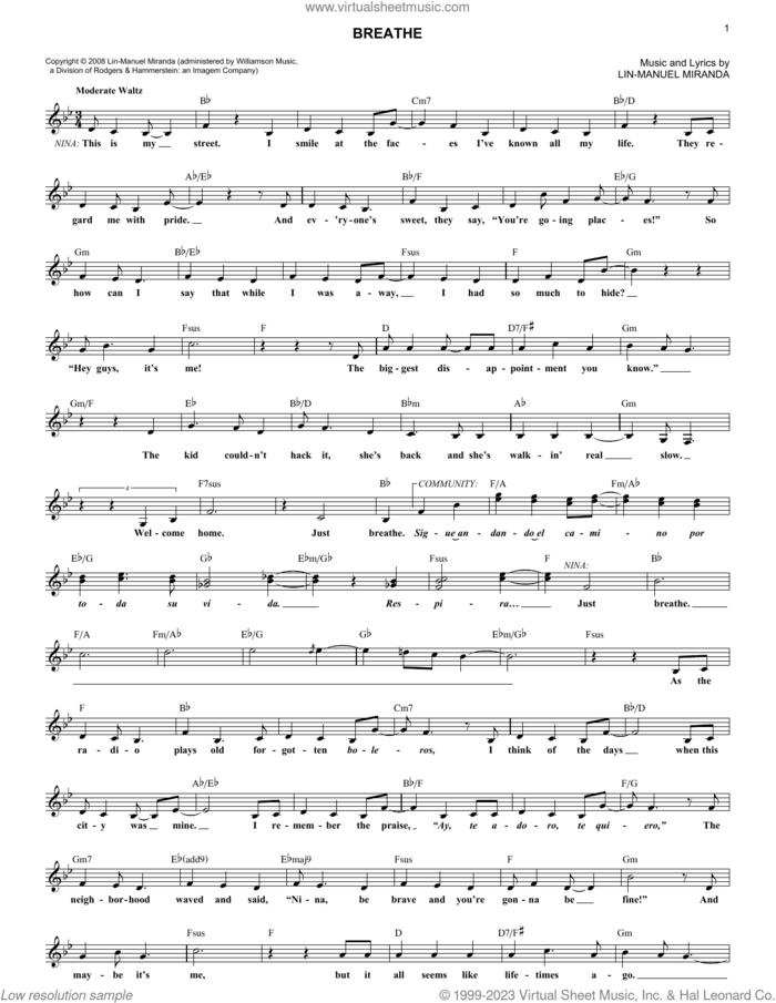 Breathe (from In The Heights: The Musical) sheet music for voice and other instruments (fake book) by Lin-Manuel Miranda, intermediate skill level