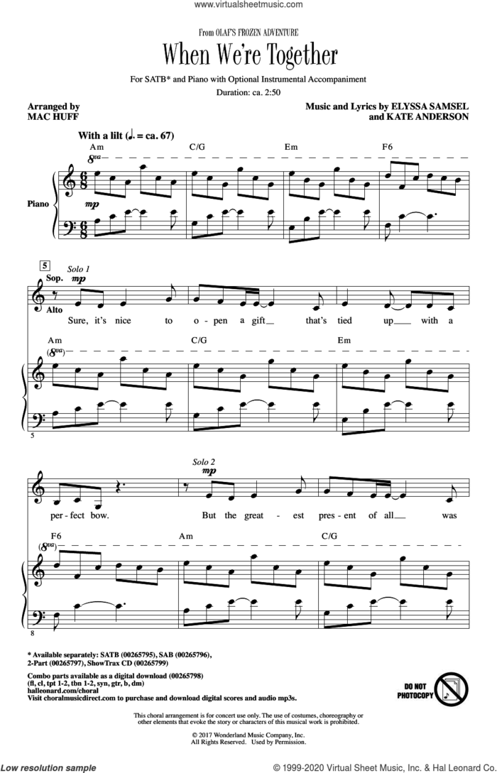 When We're Together sheet music for choir (SATB: soprano, alto, tenor, bass) by Elyssa Samsel, Mac Huff and Kate Anderson, intermediate skill level