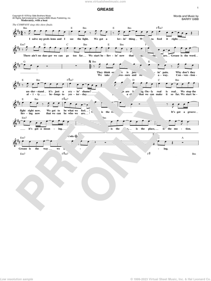 Grease sheet music for voice and other instruments (fake book) by Frankie Valli and Barry Gibb, intermediate skill level