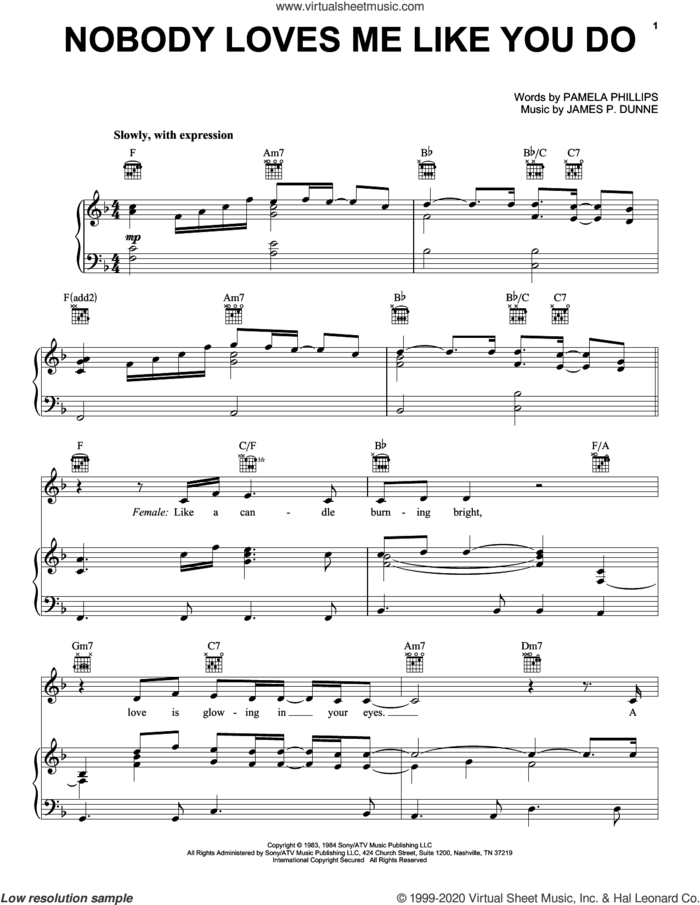 Nobody Loves Me Like You Do sheet music for voice, piano or guitar by Anne Murray with Dave Loggins, James P. Dunne and Pamela Phillips, wedding score, intermediate skill level