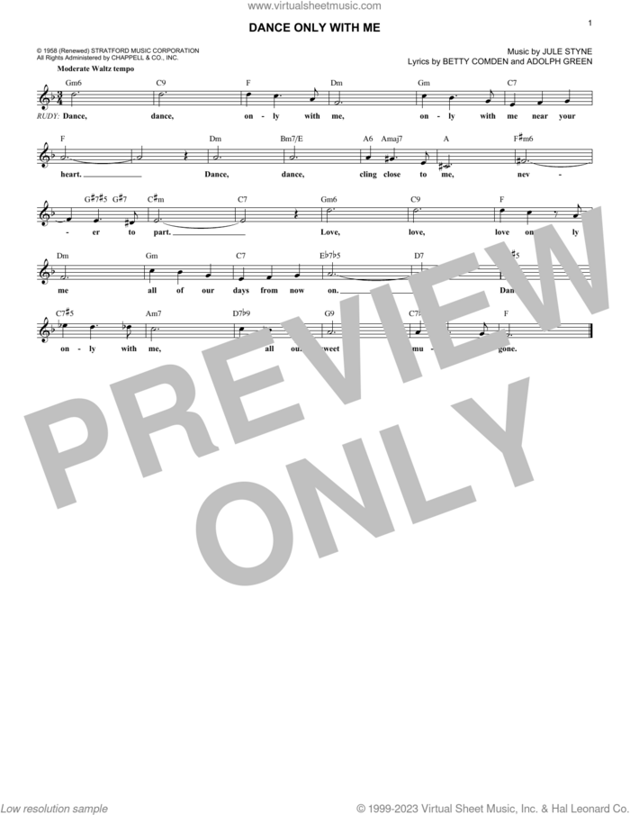 Dance Only With Me sheet music for voice and other instruments (fake book) by Perry Como, Adolph Green, Betty Comden and Jule Styne, intermediate skill level