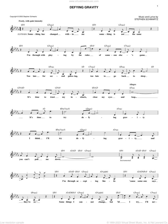 Defying Gravity (from Wicked) sheet music for voice and other instruments (fake book) by Stephen Schwartz, intermediate skill level
