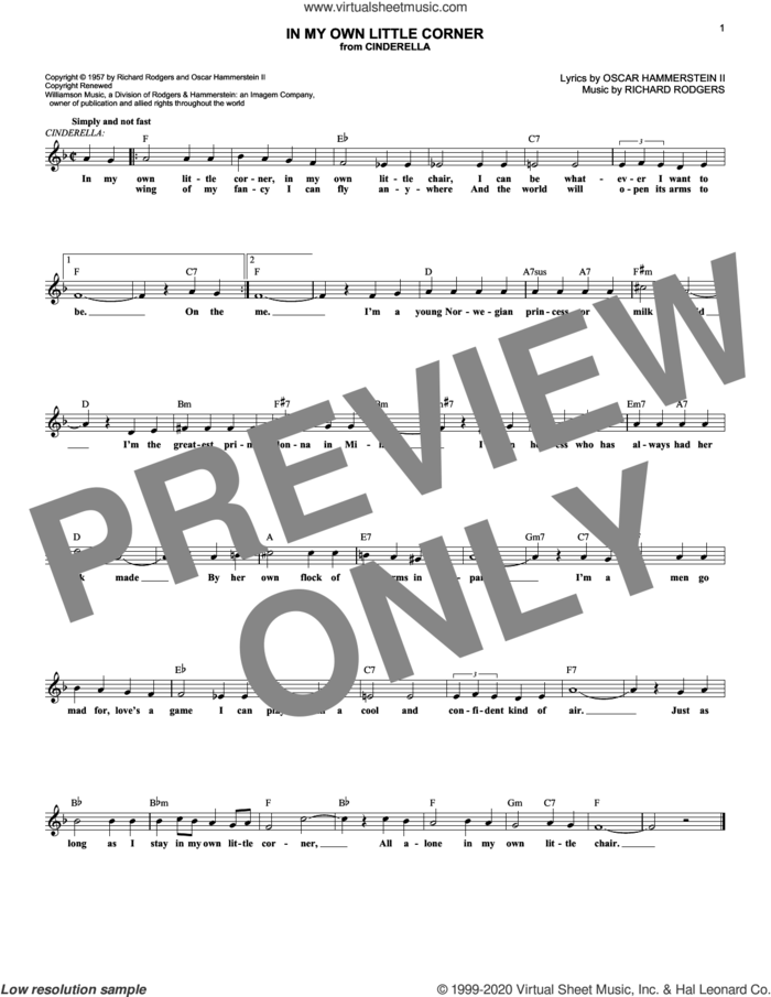 In My Own Little Corner (from Cinderella the Musical) sheet music for voice and other instruments (fake book) by Rodgers & Hammerstein, Oscar II Hammerstein and Richard Rodgers, intermediate skill level