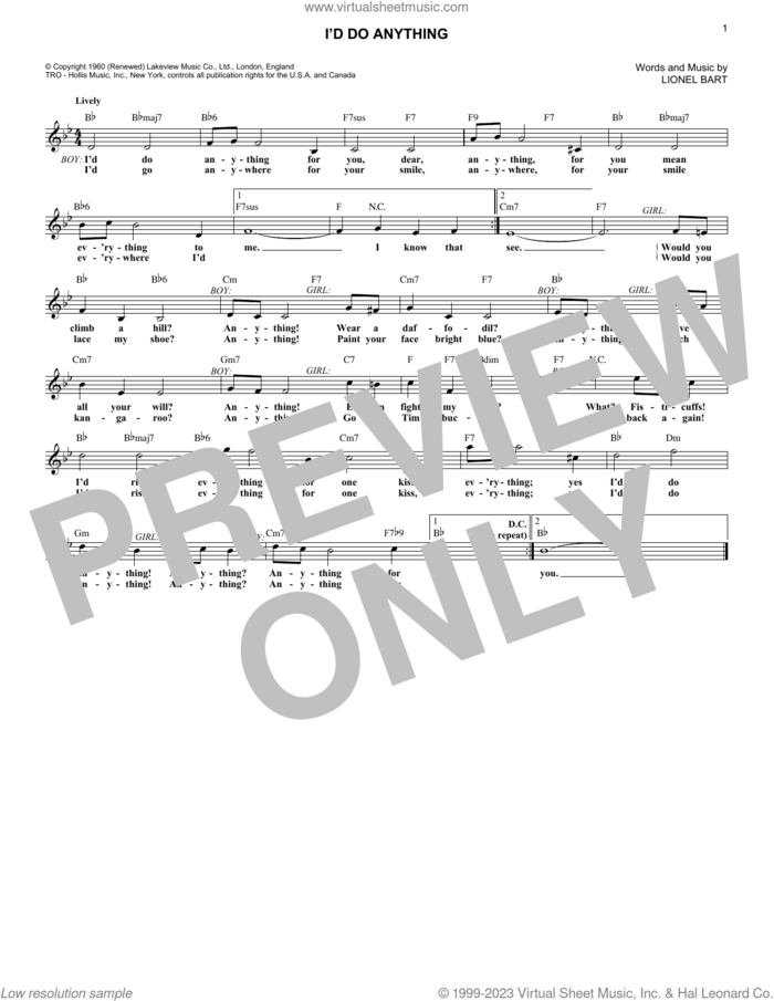 I'd Do Anything sheet music for voice and other instruments (fake book) by Lionel Bart, intermediate skill level