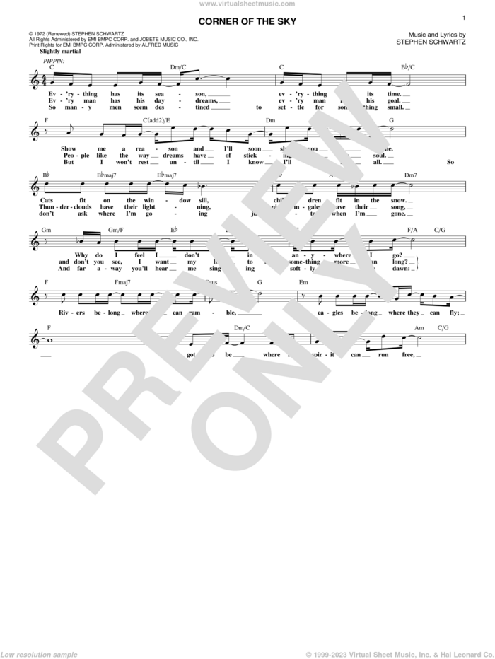 Corner Of The Sky sheet music for voice and other instruments (fake book) by Stephen Schwartz, intermediate skill level
