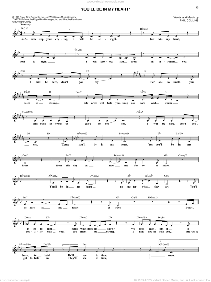 You'll Be In My Heart (from Tarzan) sheet music for voice and other instruments (fake book) by Phil Collins, intermediate skill level