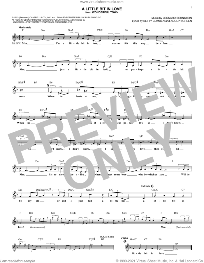 A Little Bit In Love sheet music for voice and other instruments (fake book) by Leonard Bernstein, Adolph Green and Betty Comden, intermediate skill level