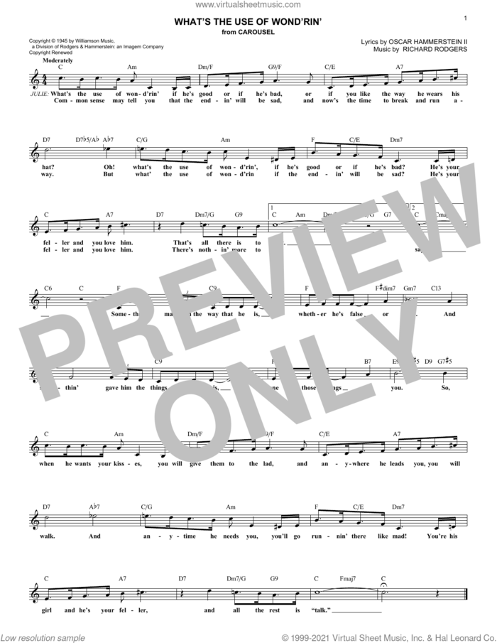 What's The Use Of Wond'rin' sheet music for voice and other instruments (fake book) by Richard Rodgers, Oscar II Hammerstein and Rodgers & Hammerstein, intermediate skill level