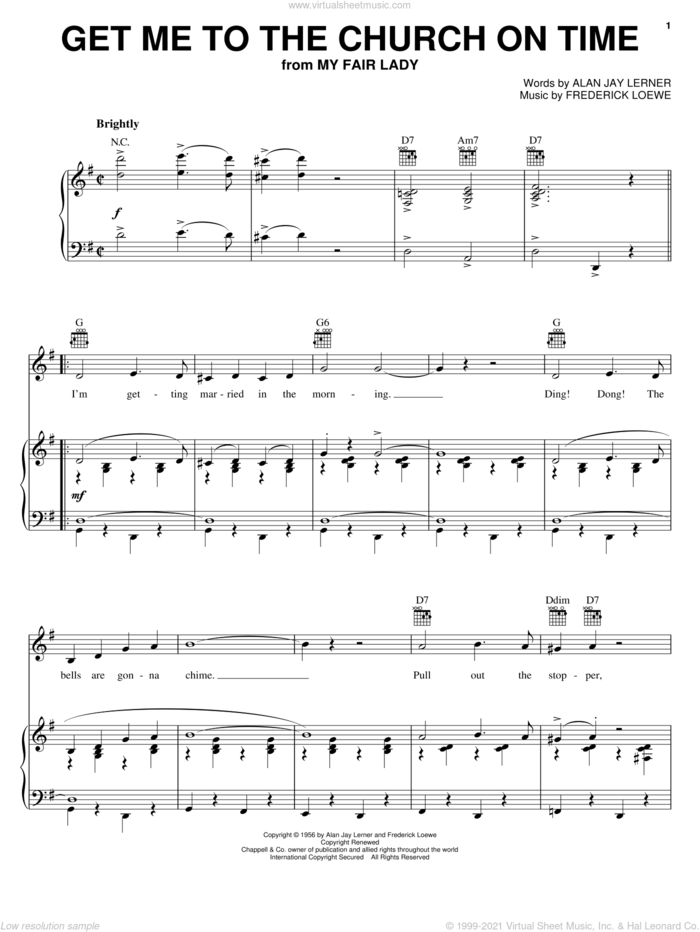 Get Me To The Church On Time sheet music for voice, piano or guitar by Lerner & Loewe, My Fair Lady (Musical), Alan Jay Lerner and Frederick Loewe, intermediate skill level