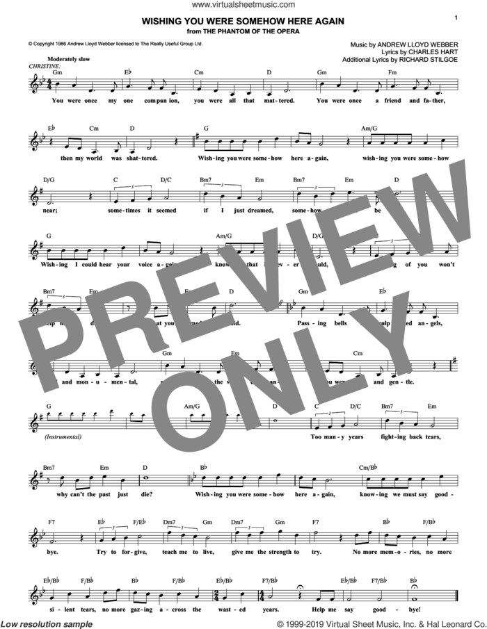 Wishing You Were Somehow Here Again (from The Phantom Of The Opera) sheet music for voice and other instruments (fake book) by Andrew Lloyd Webber, Charles Hart and Richard Stilgoe, intermediate skill level