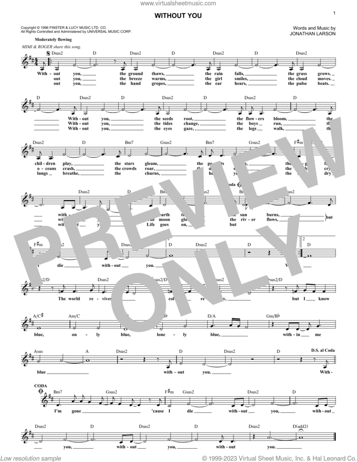 Without You sheet music for voice and other instruments (fake book) by Jonathan Larson, intermediate skill level