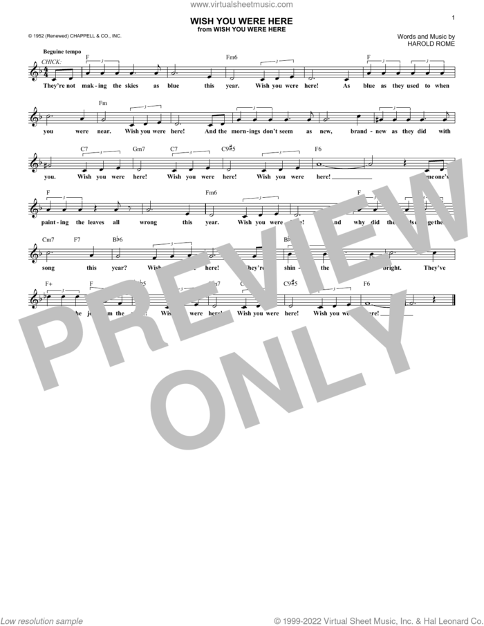 Wish You Were Here sheet music for voice and other instruments (fake book) by Harold Rome, intermediate skill level