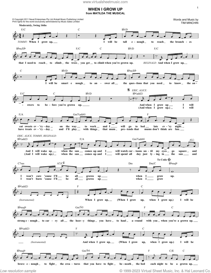 When I Grow Up sheet music for voice and other instruments (fake book) by Tim Minchin, intermediate skill level