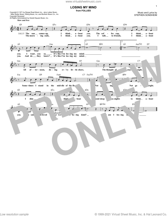 Losing My Mind sheet music for voice and other instruments (fake book) by Stephen Sondheim, intermediate skill level