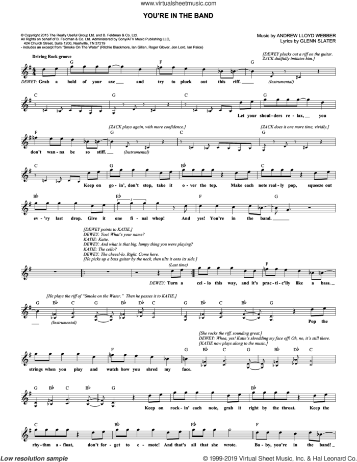 You're In The Band (from School of Rock: The Musical) sheet music for voice and other instruments (fake book) by Andrew Lloyd Webber and Glenn Slater, intermediate skill level