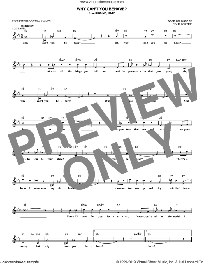 Why Can't You Behave? (from Kiss Me, Kate) sheet music for voice and other instruments (fake book) by Cole Porter, intermediate skill level