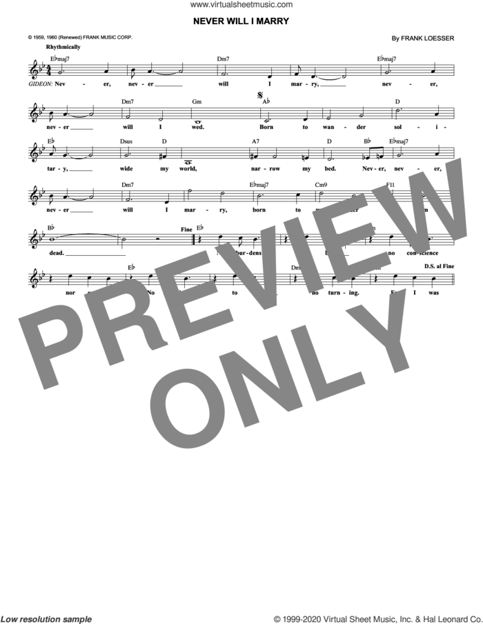 Never Will I Marry sheet music for voice and other instruments (fake book) by Frank Loesser, intermediate skill level