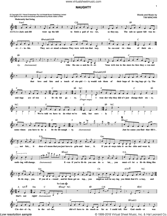 Naughty sheet music for voice and other instruments (fake book) by Tim Minchin, intermediate skill level