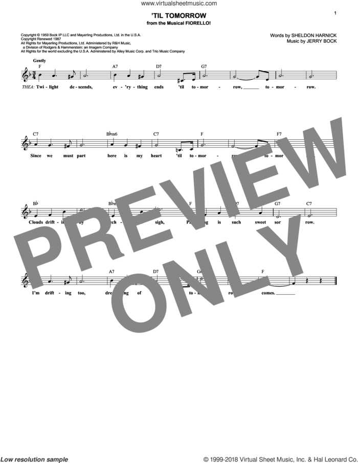 'Til Tomorrow sheet music for voice and other instruments (fake book) by Jerry Bock and Sheldon Harnick, intermediate skill level